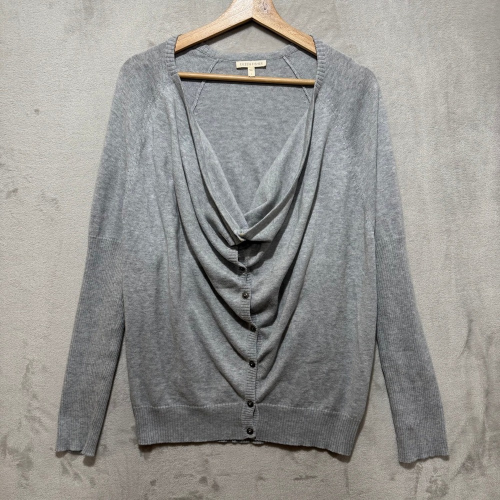 Eileen Fisher Womens Gray Organic Cotton Drape Neck Button Front Cardigan Size S